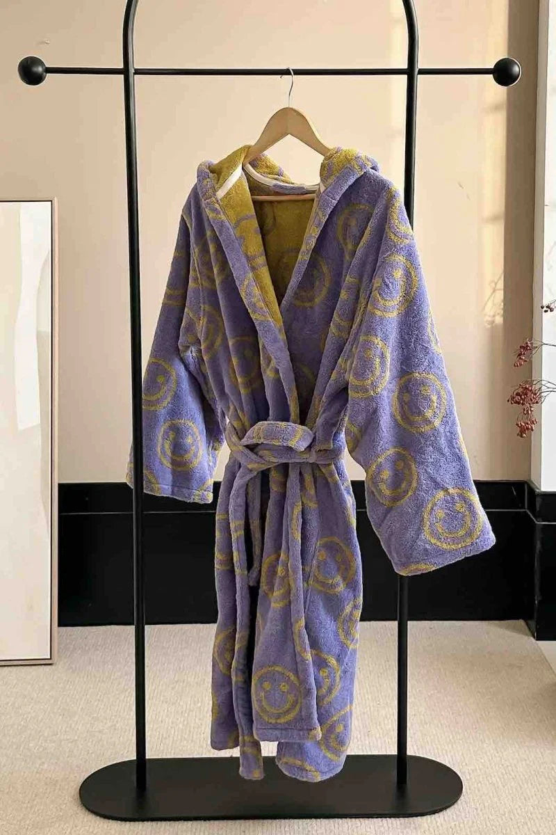 Whimsy Funky Smiley Face Hooded Robe - Soft 100% Organic Long-Stapled Cotton