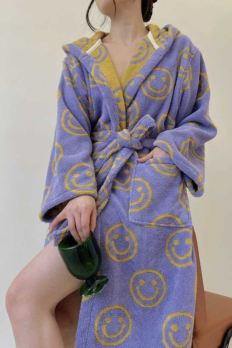 Whimsy Funky Smiley Face Hooded Robe - Soft 100% Organic Long-Stapled Cotton