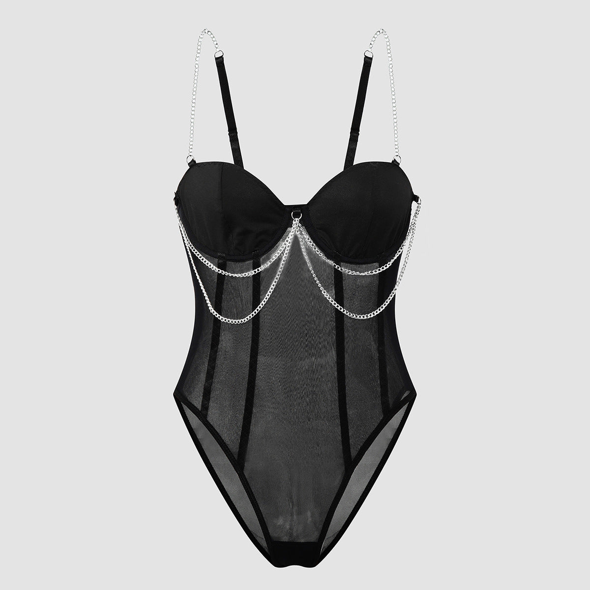 Strapless Sheer Mesh Jumpsuit with Metallic Chain Design For Women, NoHo, BYMANYC New York.