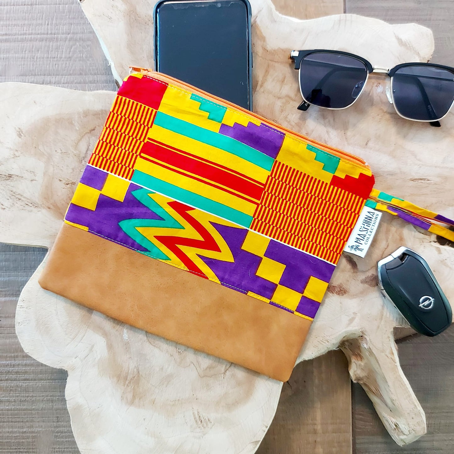 African Print Zipper Pouch | Make-up Bag | Pencil Case | Vegan Leather Detail-3