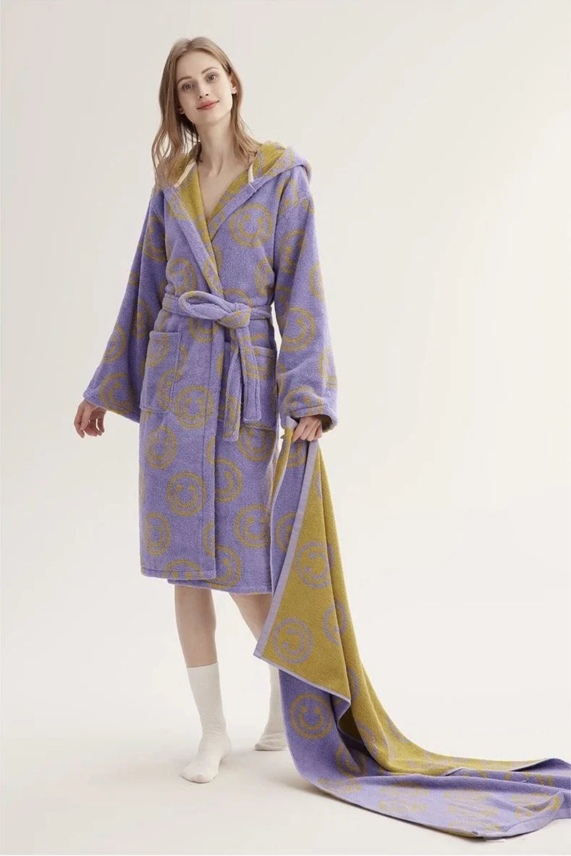 Whimsy Funky Smiley Face Hooded Robe - Soft 100% Organic Long-Stapled Cotton