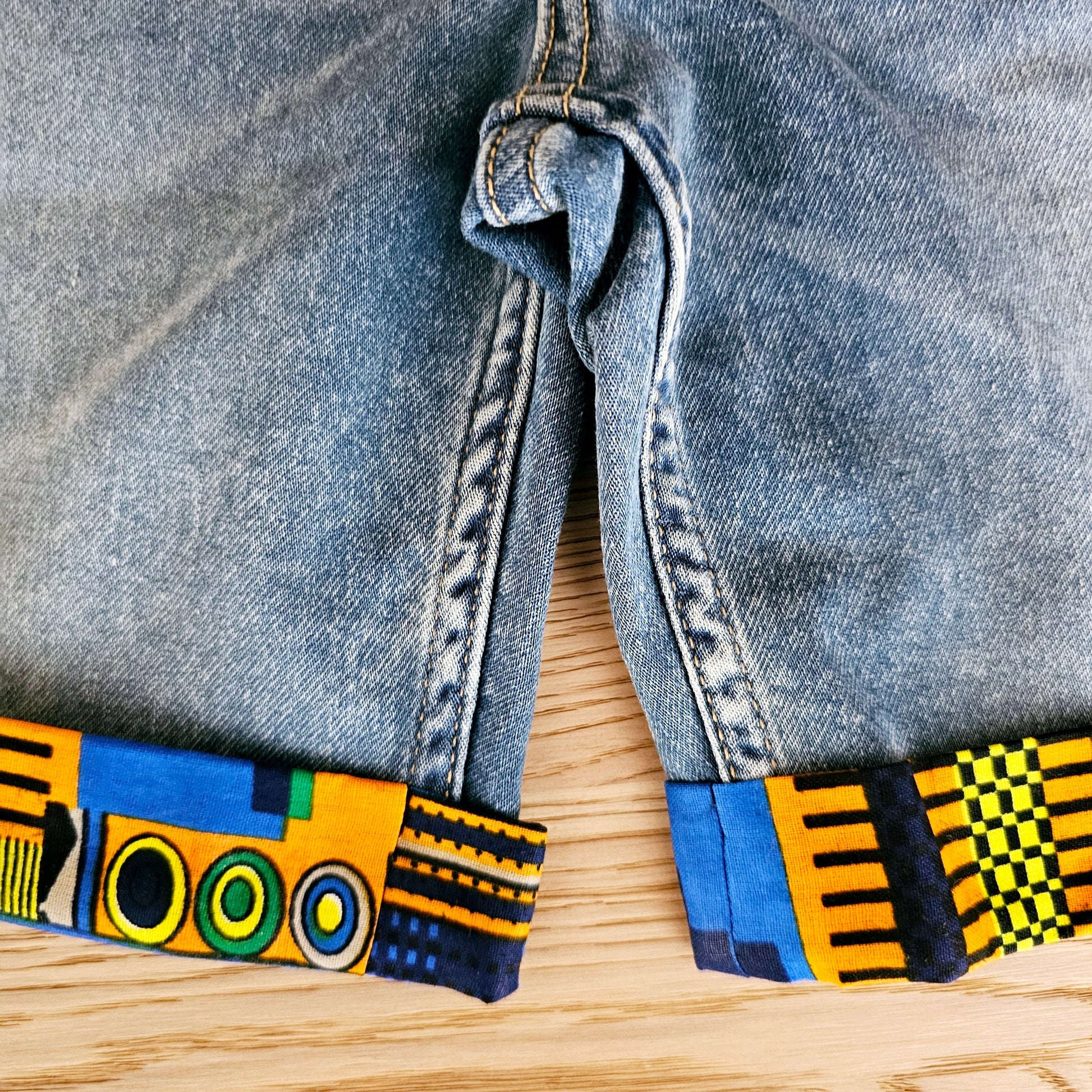Unisex Denim Shorts with African Print Detail-3