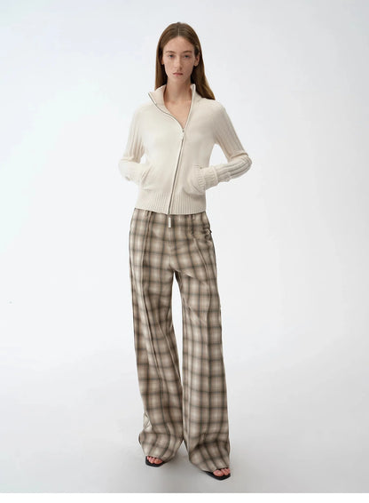 "Senna Melody" Oblique Placket Fine Merino Wool and Cotton Blend Zipper Knitted Cardigan Top for Women