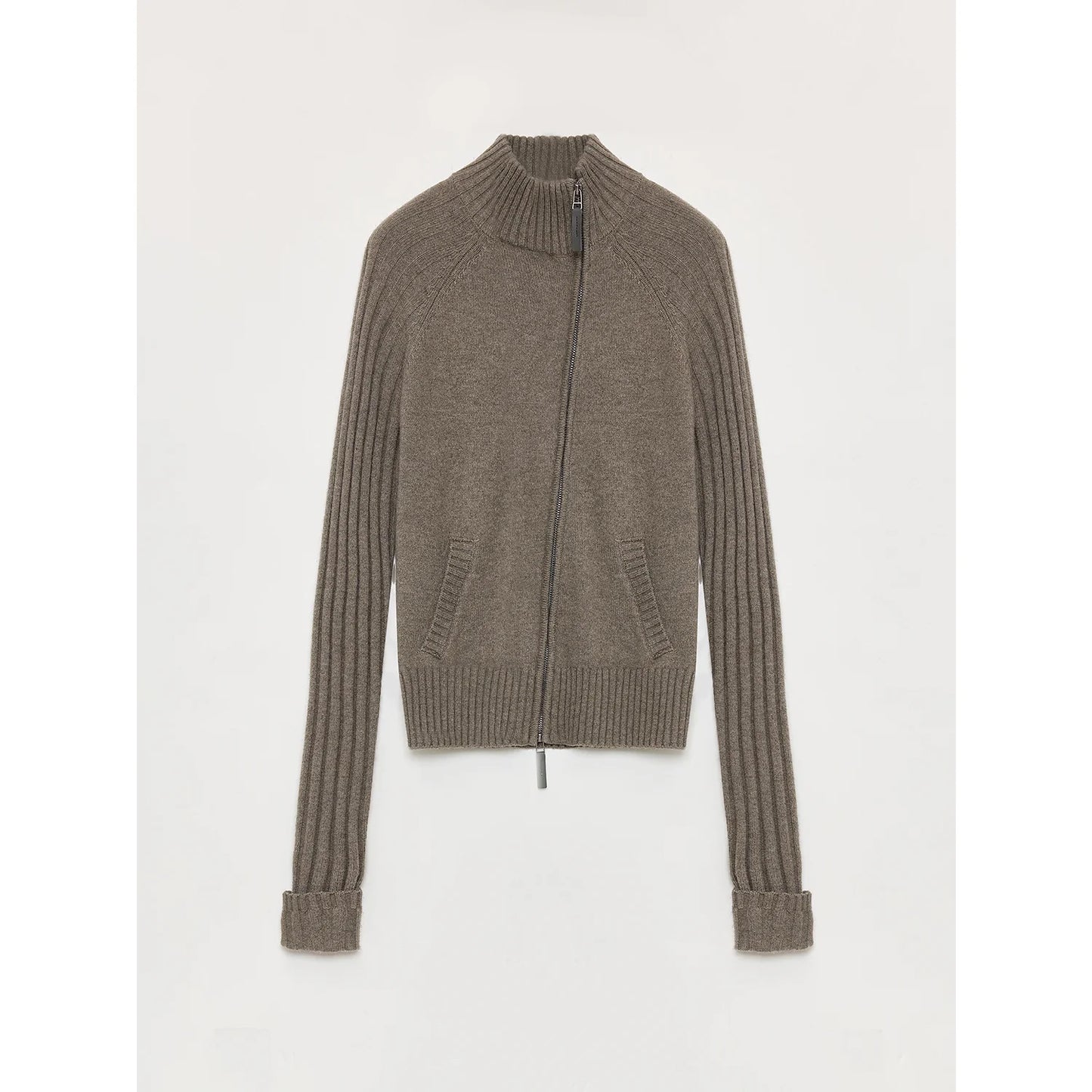 "Senna Melody" Oblique Placket Fine Merino Wool and Cotton Blend Zipper Knitted Cardigan Top for Women