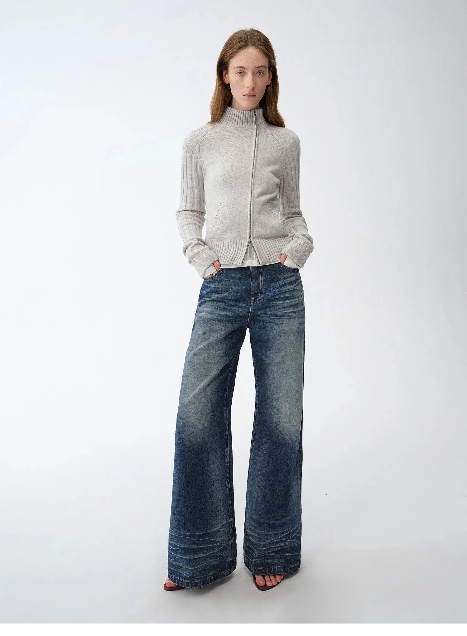 "Senna Melody" Oblique Placket Fine Merino Wool and Cotton Blend Zipper Knitted Cardigan Top for Women