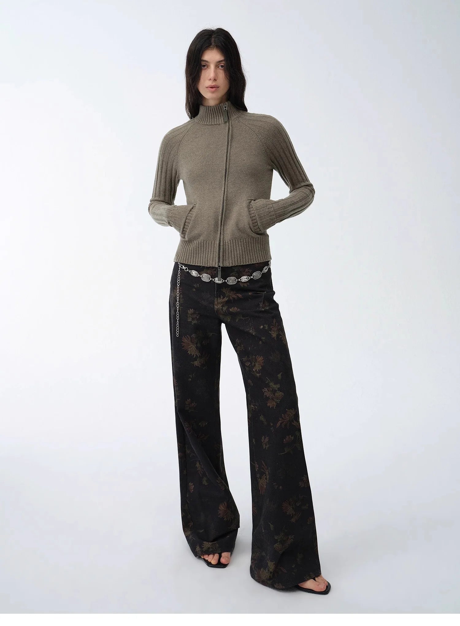 "Senna Melody" Oblique Placket Fine Merino Wool and Cotton Blend Zipper Knitted Cardigan Top for Women