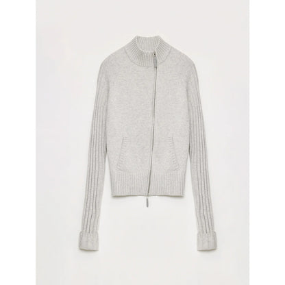 "Senna Melody" Oblique Placket Fine Merino Wool and Cotton Blend Zipper Knitted Cardigan Top for Women