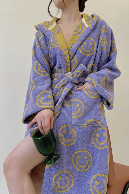 Whimsy Funky Smiley Face Hooded Robe - Soft 100% Organic Long-Stapled Cotton