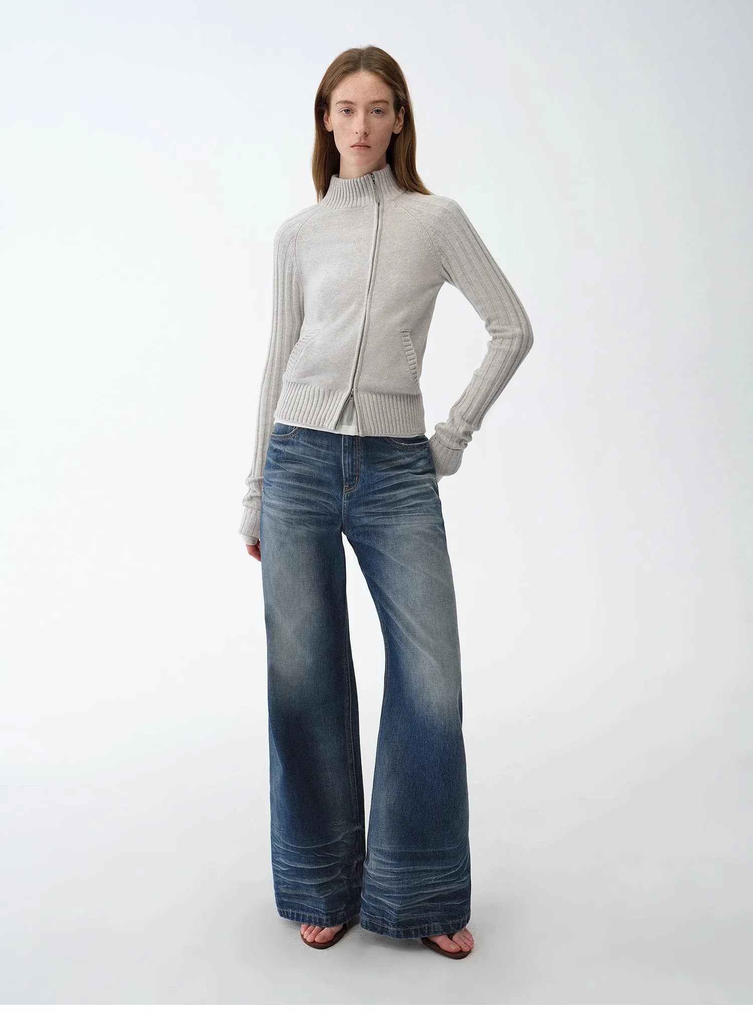 "Senna Melody" Oblique Placket Fine Merino Wool and Cotton Blend Zipper Knitted Cardigan Top for Women