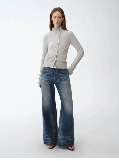 "Senna Melody" Oblique Placket Fine Merino Wool and Cotton Blend Zipper Knitted Cardigan Top for Women
