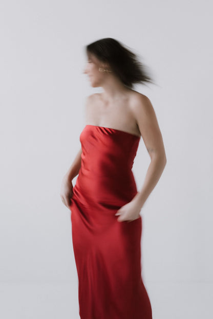 Silk Strapless Dress - Red-3