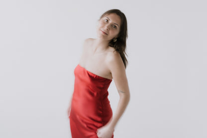 Silk Strapless Dress - Red-4