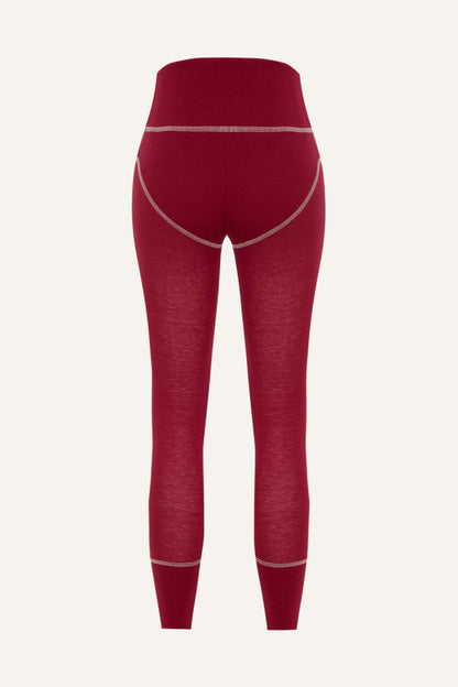 Women's Lyocell/Wool Sports Leggings - Burgundy (Cream Thread)-2