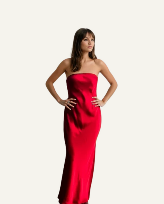 Silk Strapless Dress - Red-0