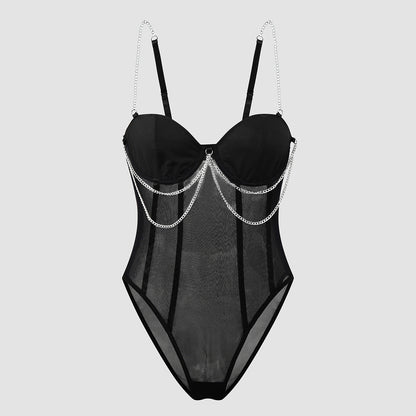 Strapless Sheer Mesh Jumpsuit with Metallic Chain Design For Women, NoHo, BYMANYC New York.