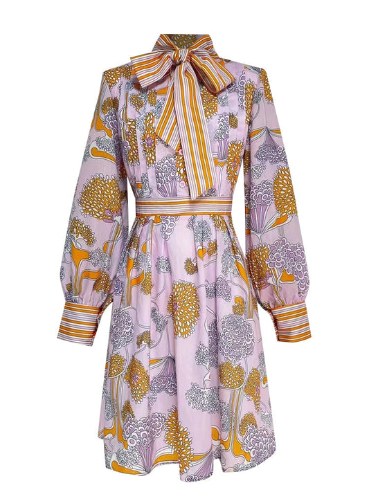 Vintage Print Mini Dress with Bowknot Collar and Colorblock For Women, Chelsea, BYMANYC New York.-0