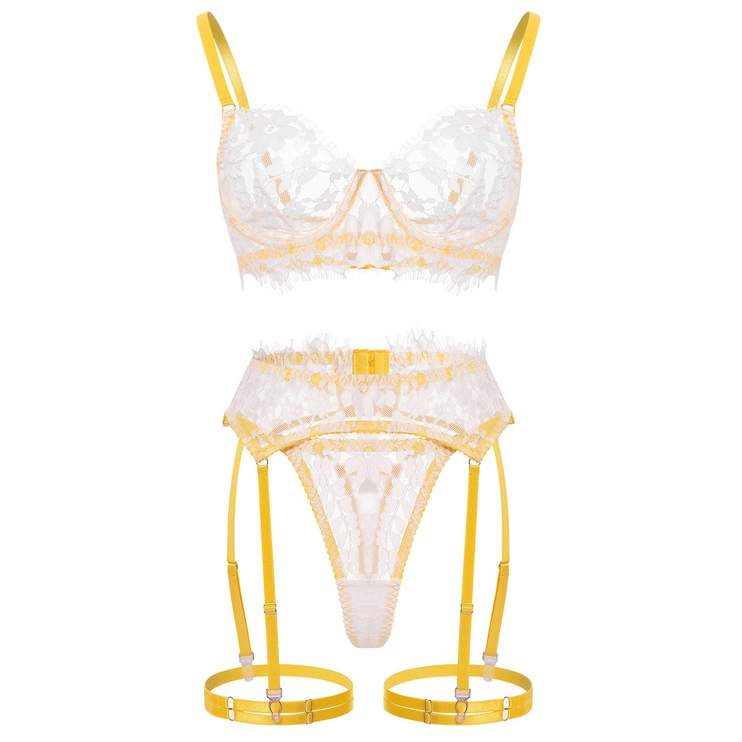 Yellow Lace Lingerie Set with Garter Belt For Women, Tribeca, BYMANYC New York.-2