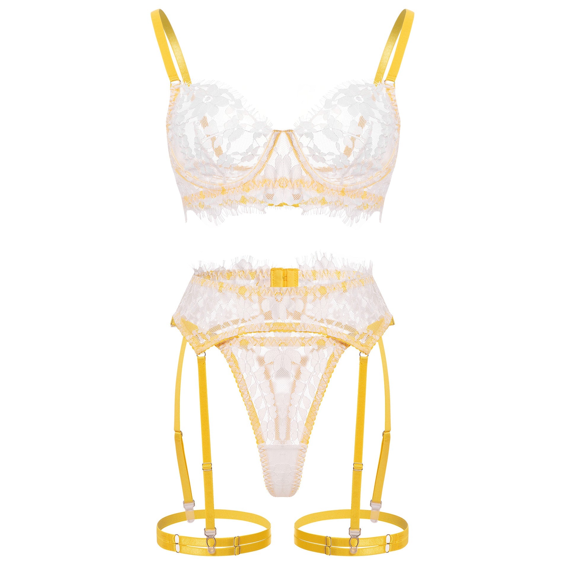 Yellow Lace Lingerie Set with Garter Belt For Women, Tribeca, BYMANYC New York.-2
