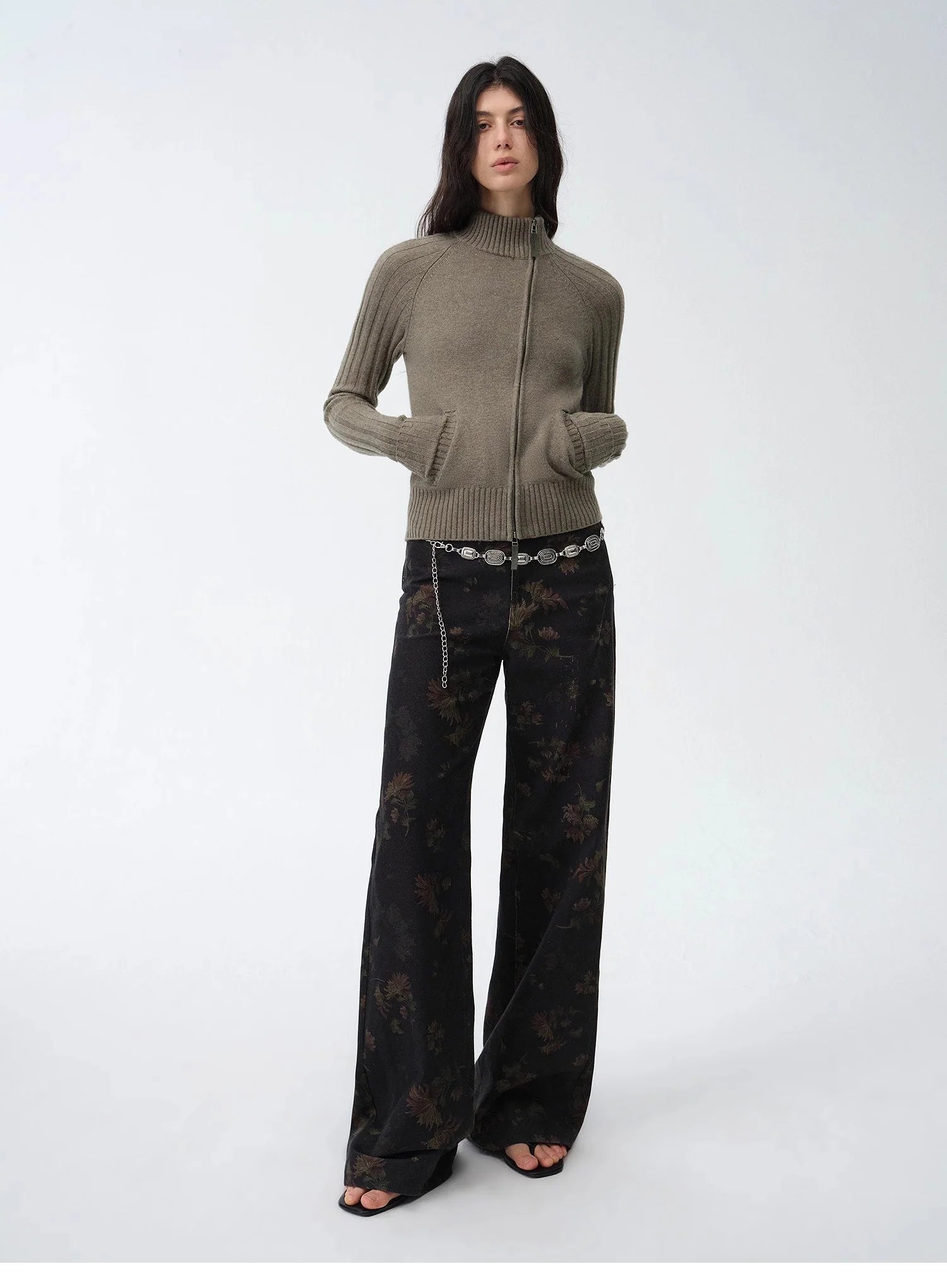 "Senna Melody" Oblique Placket Fine Merino Wool and Cotton Blend Zipper Knitted Cardigan Top for Women
