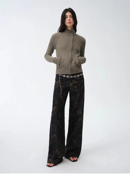 "Senna Melody" Oblique Placket Fine Merino Wool and Cotton Blend Zipper Knitted Cardigan Top for Women