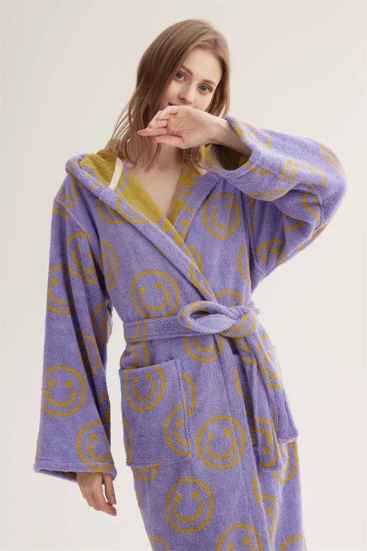 Whimsy Funky Smiley Face Hooded Robe - Soft 100% Organic Long-Stapled Cotton