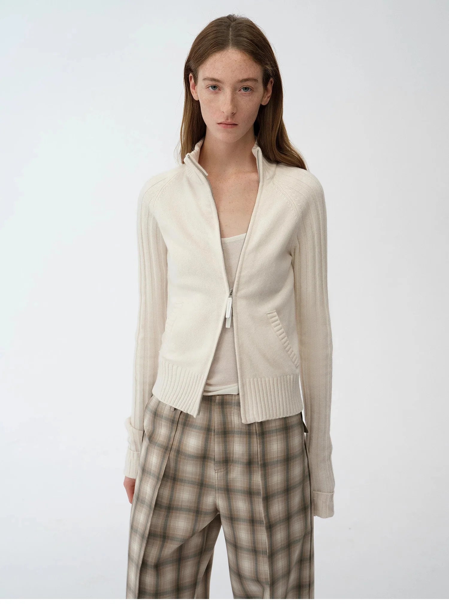 "Senna Melody" Oblique Placket Fine Merino Wool and Cotton Blend Zipper Knitted Cardigan Top for Women