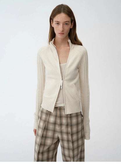 "Senna Melody" Oblique Placket Fine Merino Wool and Cotton Blend Zipper Knitted Cardigan Top for Women