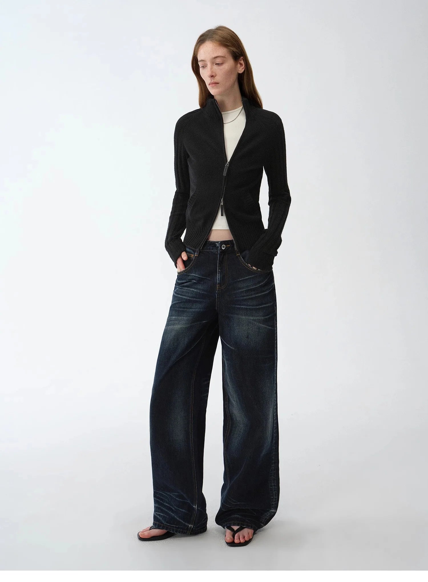 "Senna Melody" Oblique Placket Fine Merino Wool and Cotton Blend Zipper Knitted Cardigan Top for Women