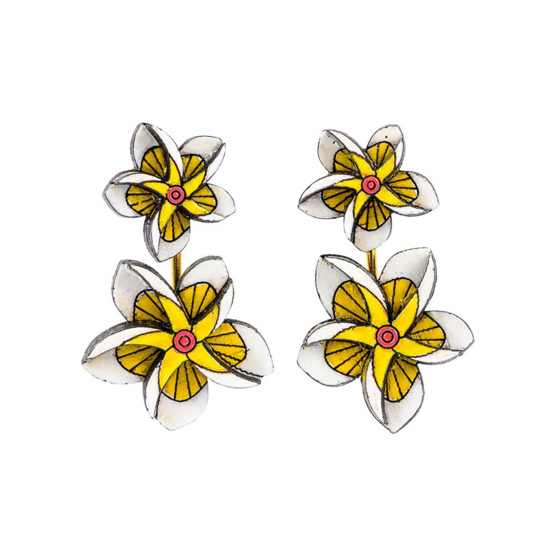 Paguro Upcycle Reclaimed Wood Earrings - Yellow Floral Kamboja Frangipani-1