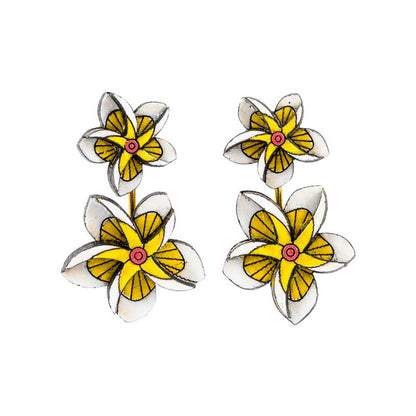Paguro Upcycle Reclaimed Wood Earrings - Yellow Floral Kamboja Frangipani-1